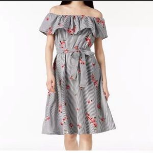 Calvin Klein Off the Shoulder Striped Floral Strapless Dress